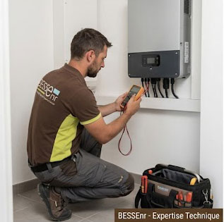 Un technicien BESSEnr sur un toit en Savoie, utilisant une brosse de nettoyage professionnelle télescopique pour enlever la poussière et le pollen sur un panneau solaire