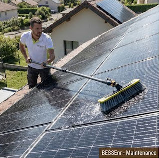 Un technicien BESSEnr sur un toit en Savoie, utilisant une brosse de nettoyage professionnelle télescopique pour enlever la poussière et le pollen sur un panneau solaire
